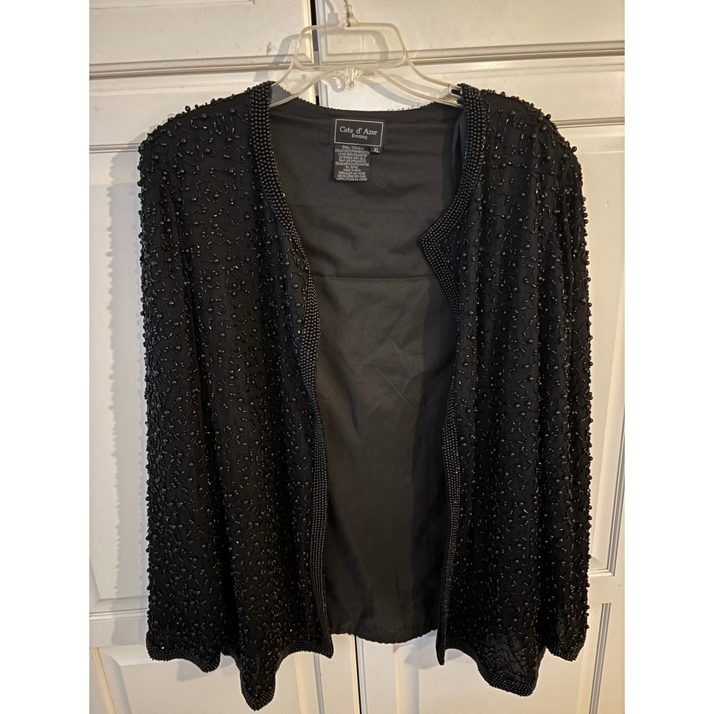 Cote d'Azur Evening Black Silk Beaded Sequin Open Front Jacket Womens XL India